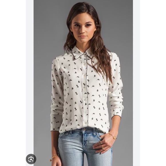 GUC! Theory Egret Cult Bird Silk Button Down, Size L - Picture 1 of 8